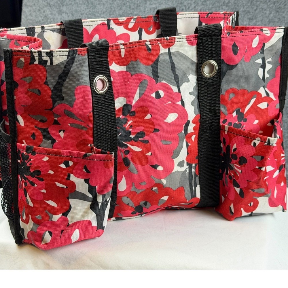 Thirty-One Zip-Top Organizing Utility Tote Red Grey Floral Multi Pocket Bag - Picture 5 of 9